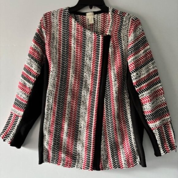 Chicos 3 XL Red White Herringbone Asymmetrical Zip 3/4 Sleeve Jacket - Picture 1 of 10